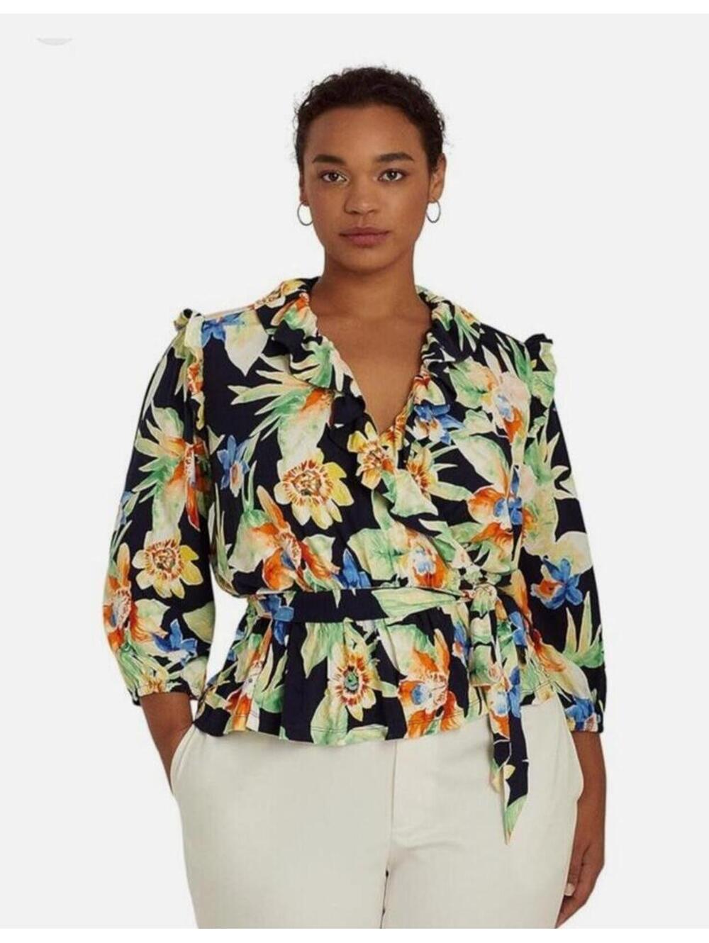 Lauren Ralph Lauren Jersey Belted Wrap Ruffle Floral Peplum Top Size 2X NWT